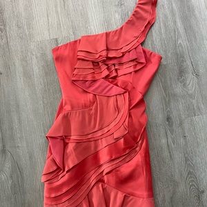 BCBG Max Azria size 0 ruffle, one shoulder coral dress in very good condition.